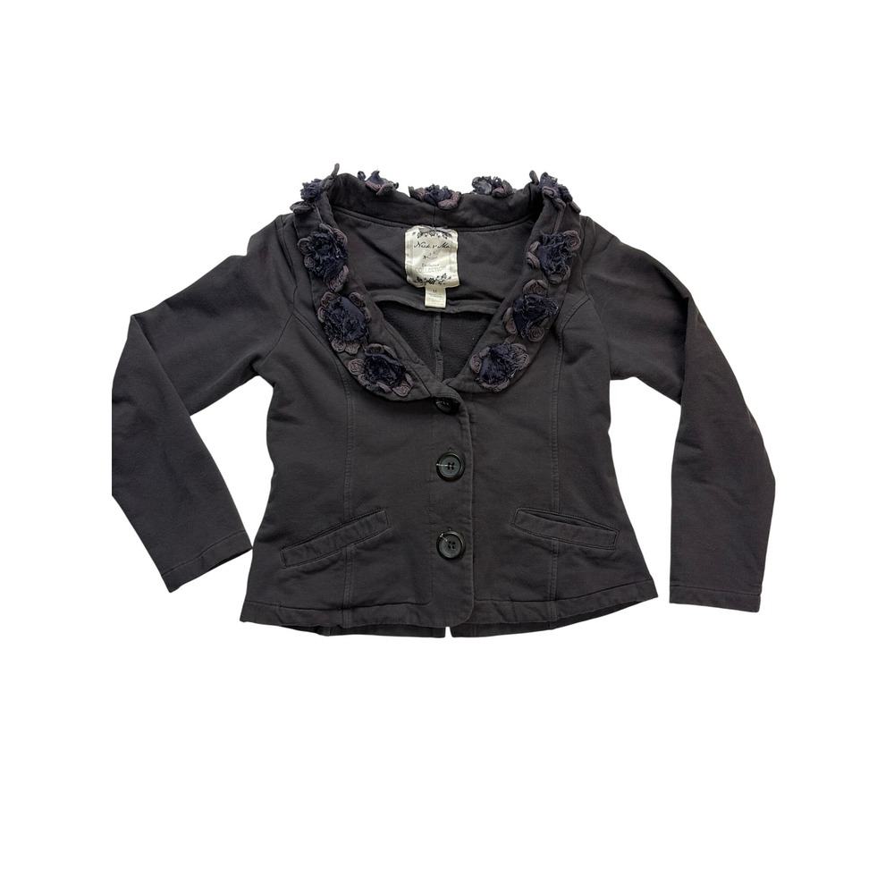 Nick & Mo Knit Blazer Jacket Womens Medium Charcoal Gray Floral Ruffle Boho